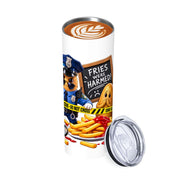 Fries Were Harmed 20 oz tumbler shown with drink and removable lid