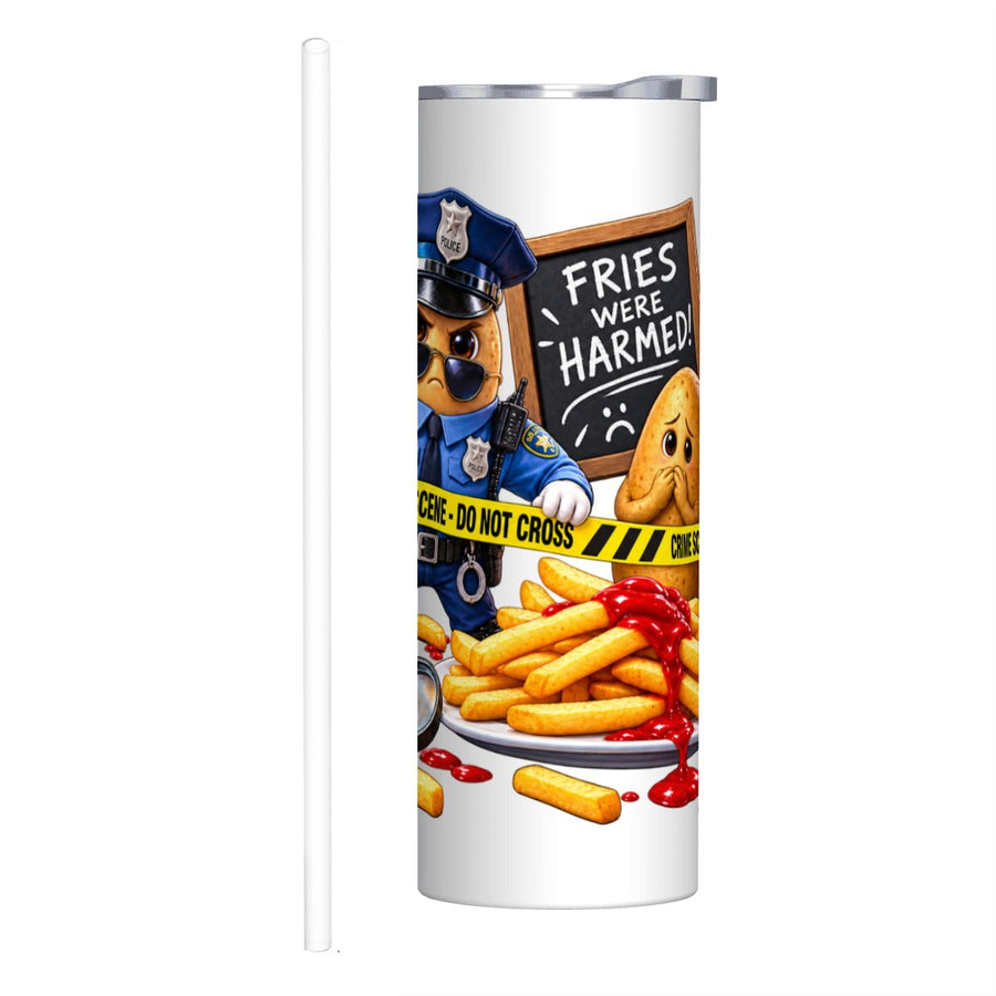Fries Were Harmed 20 oz stainless steel tumbler with funny french fry crime scene design