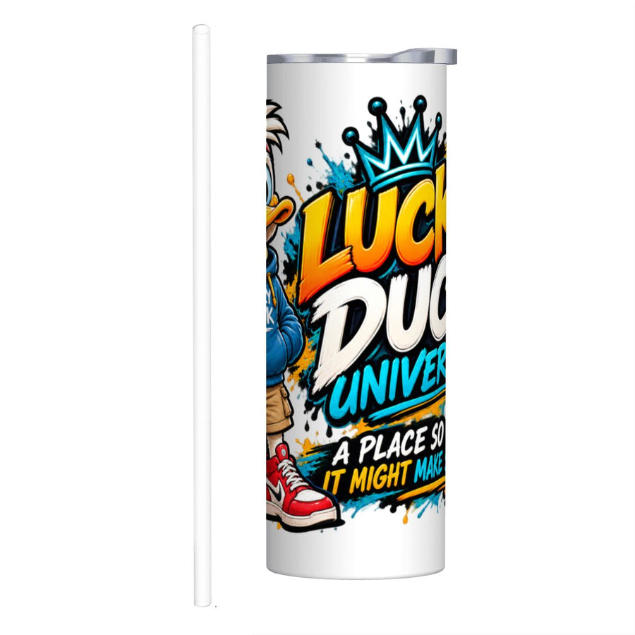 Lucky Duck Universe 20 oz tumbler with colorful duck mascot and shopping fun slogan