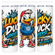 Lucky Duck Universe 20 oz tumbler with colorful duck mascot and shopping fun slogan