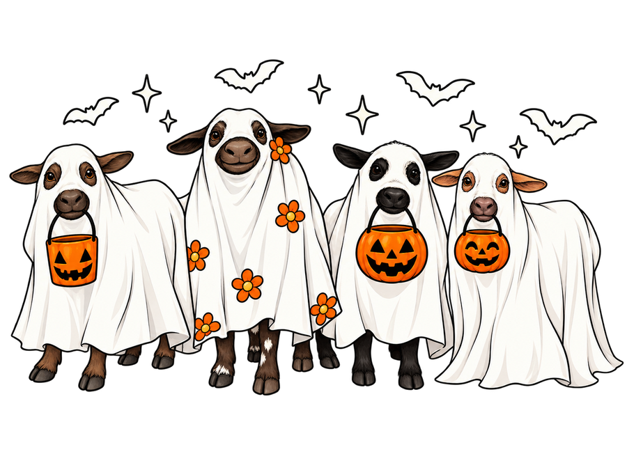 Halloween Cows dressed as ghosts with pumpkin trick-or-treat buckets and bats
