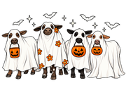 Halloween Cows dressed as ghosts with pumpkin trick-or-treat buckets and bats
