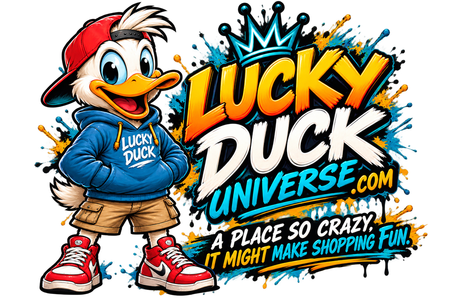 Lucky Duck Universe T-Shirt with colorful duck mascot and shopping fun slogan