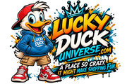 Lucky Duck Universe T-Shirt with colorful duck mascot and shopping fun slogan