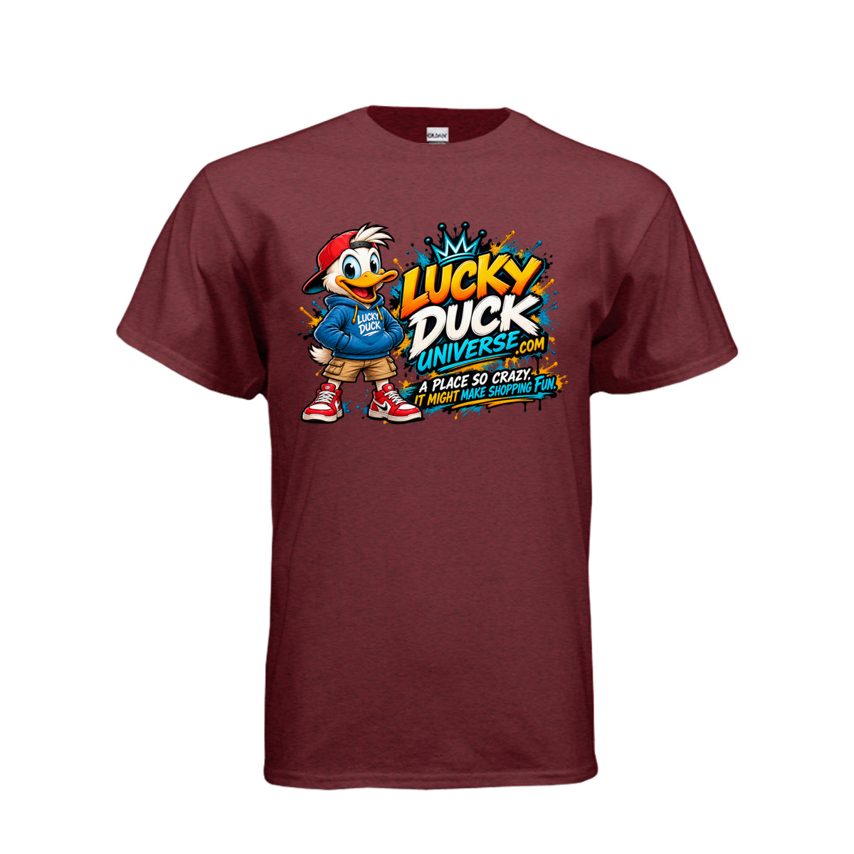 Lucky Duck Universe T-Shirt with colorful duck mascot and shopping fun slogan