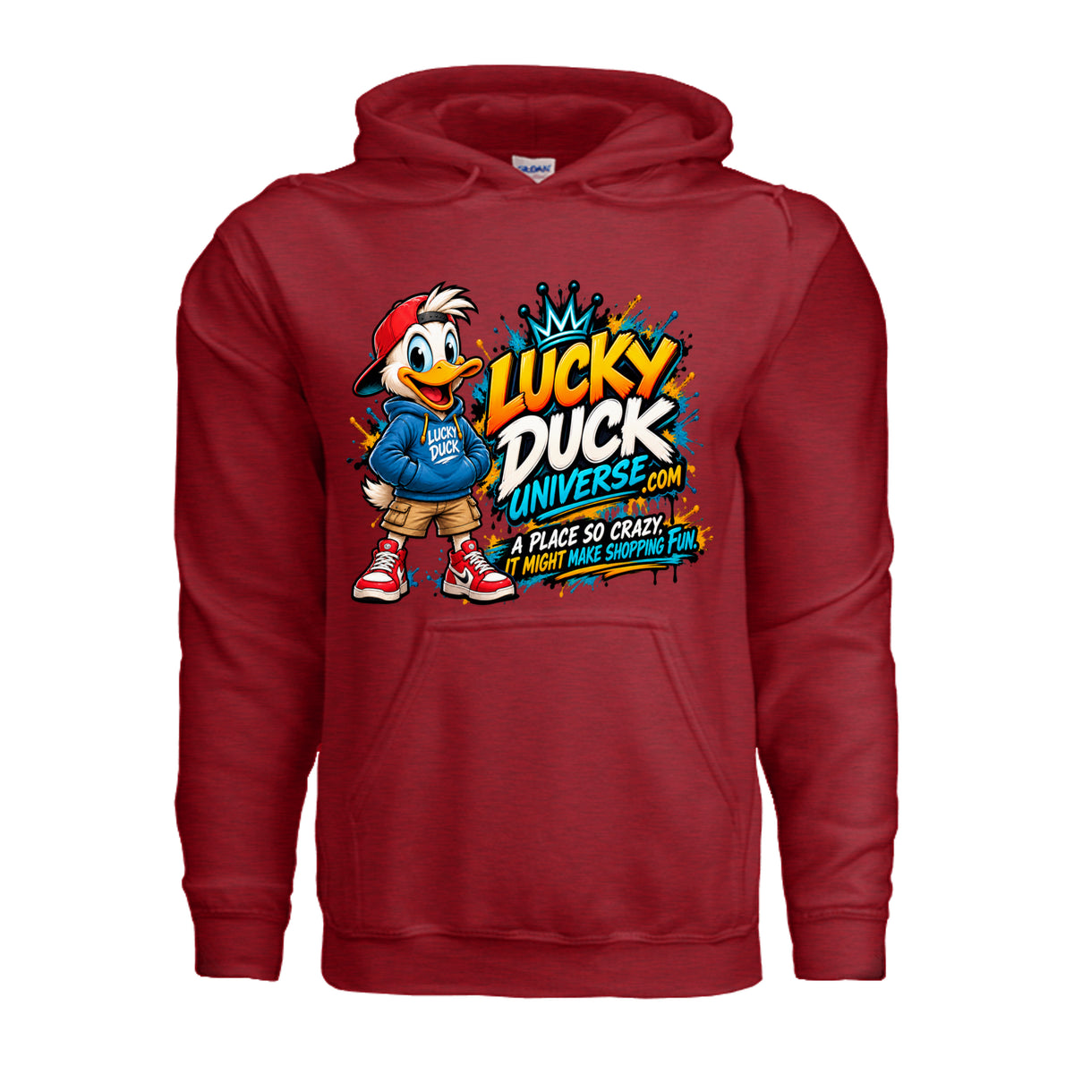Lucky Duck Universe T-Shirt with colorful duck mascot and shopping fun slogan