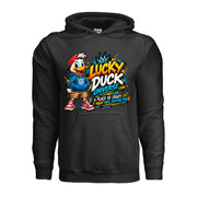 Lucky Duck Universe T-Shirt with colorful duck mascot and shopping fun slogan