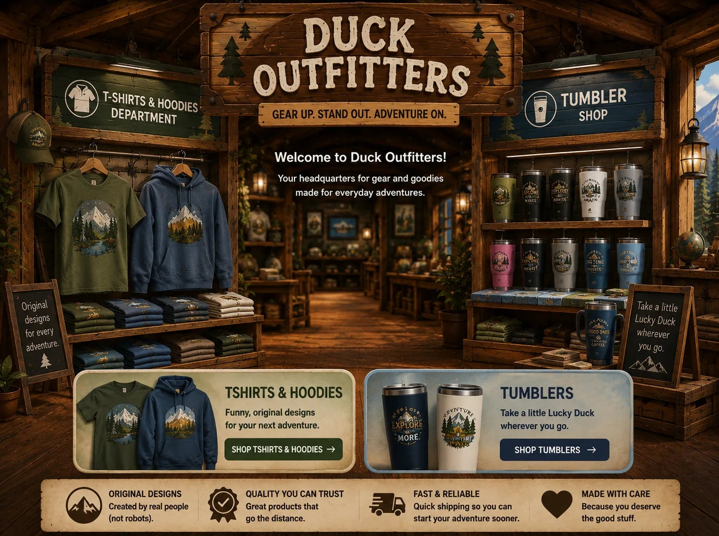 Duck Outfitters shop with T-shirts and hoodies department and tumbler shop