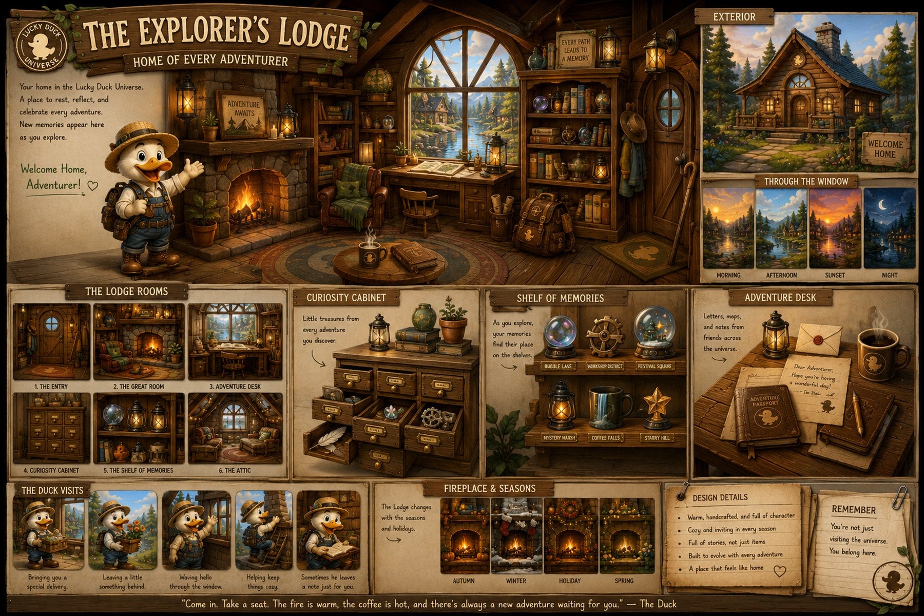 A warm illustrated view of the Explorer’s Lodge